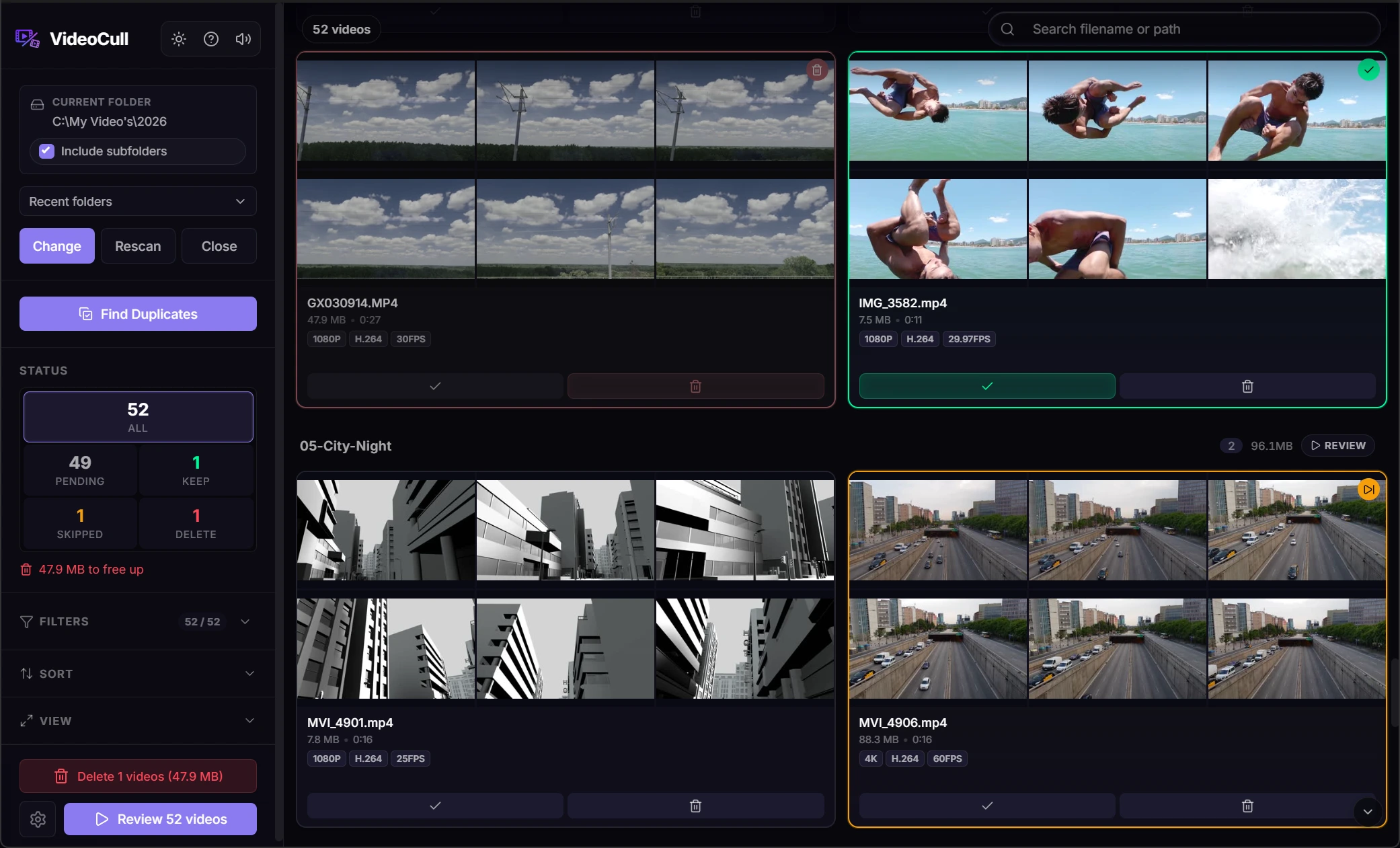 VideoCull grid showing camera clips marked Keep, Delete, and Skip alongside pending files and filtering controls