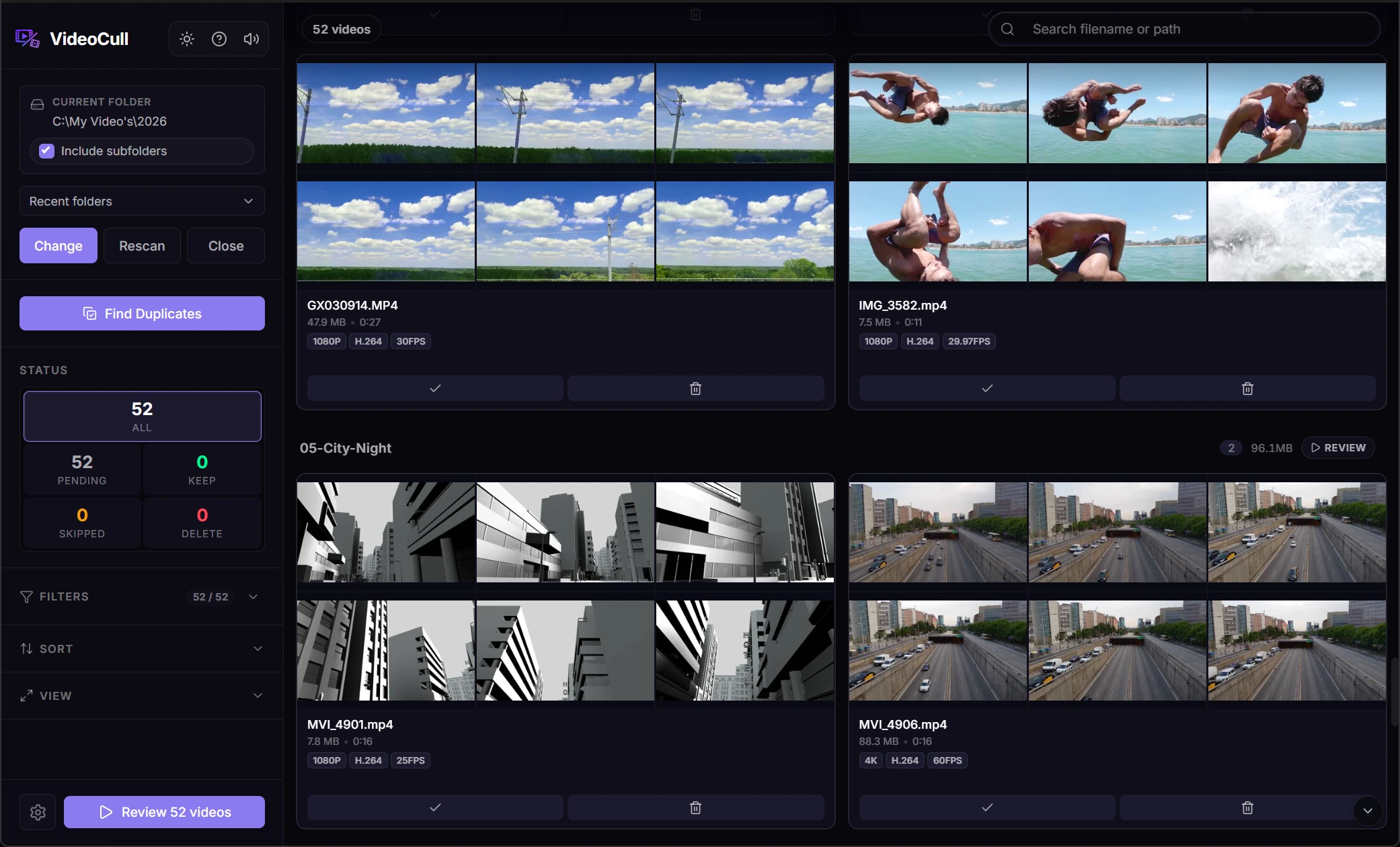 VideoCull grid showing camera files as multi-frame thumbnail strips with folder controls, search, sorting, and status counts