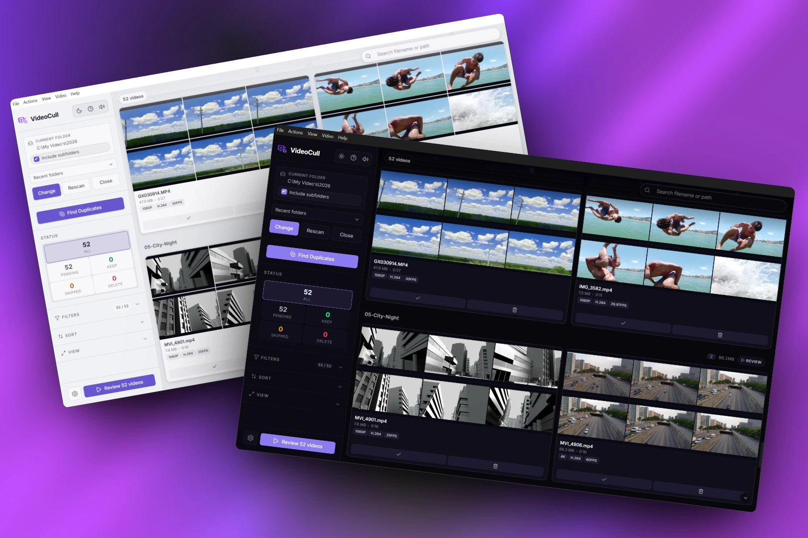 VideoCull grid view in dark and light themes, showing camera footage as multi-frame thumbnail strips with folder controls and status counts