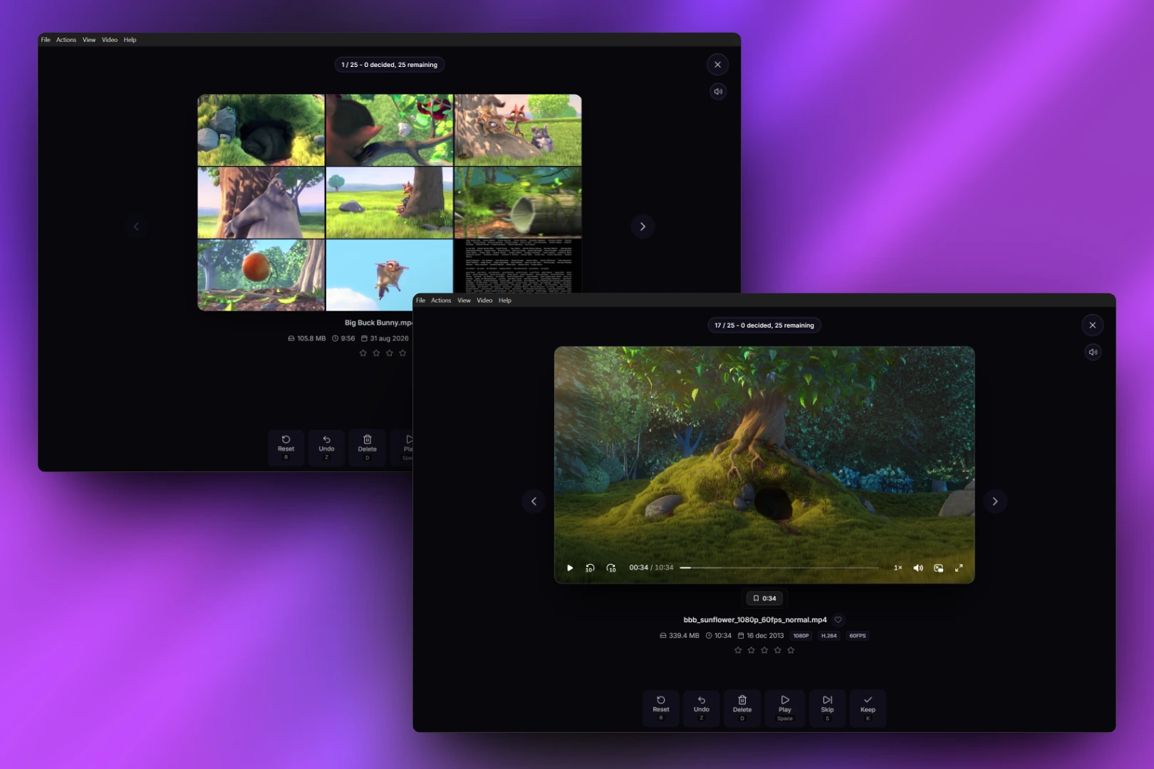 Two VideoCull review views showing a multi-frame thumbnail preview and in-app playback of open movie footage