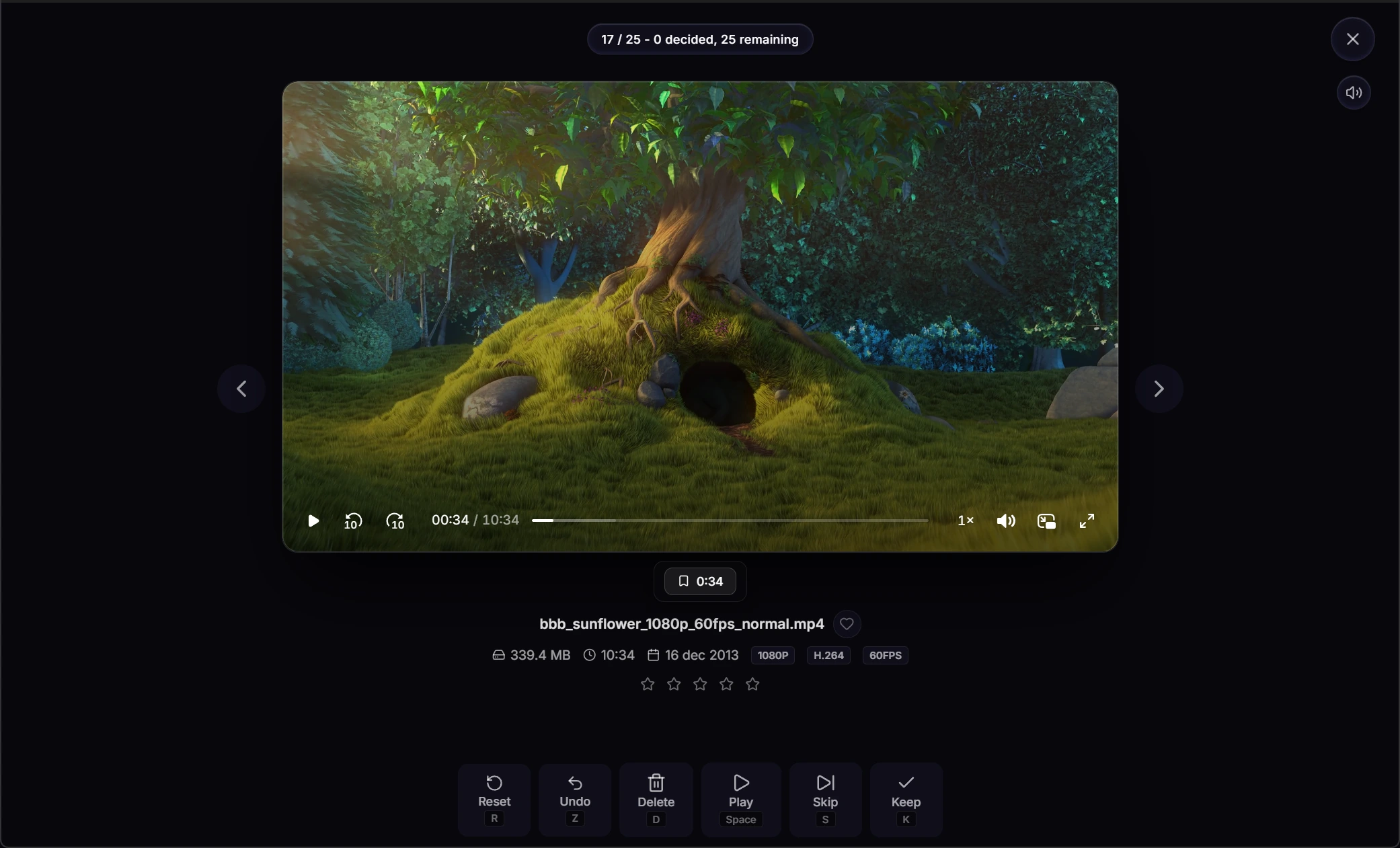 VideoCull review mode playing Big Buck Bunny footage with timeline controls, metadata, ratings, bookmarks, and keyboard decisions